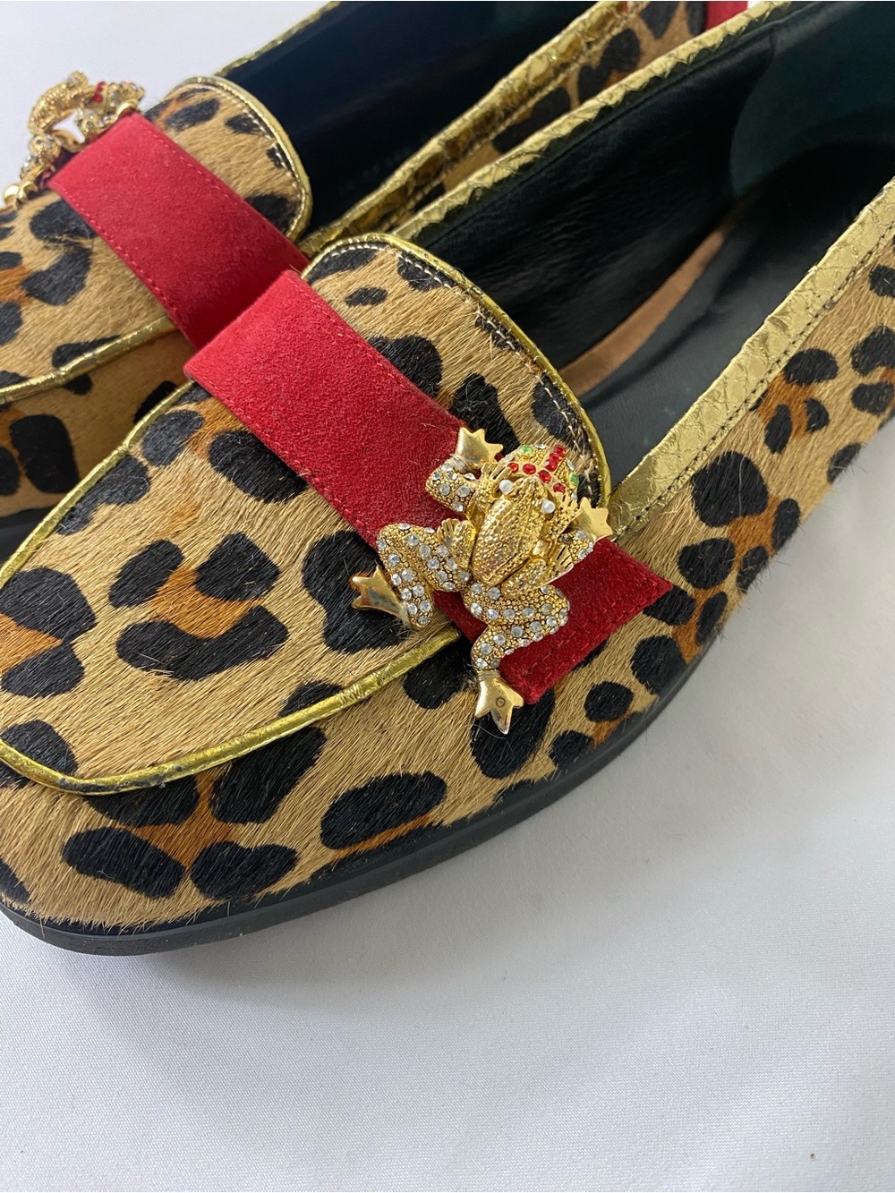 Beverly Feldman Leopard Loafers with Red suede Strap & Gold Frog medallions